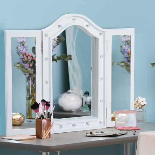 HOMCOM Lighted Tri-Fold Vanity Mirror — Hollywood LED Bulbs, Large Cosmetic Mirror, White