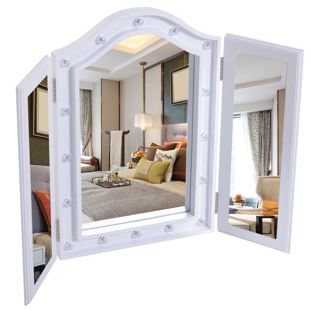 HOMCOM Lighted Tri-Fold Vanity Mirror — Hollywood LED Bulbs, Large Cosmetic Mirror, White