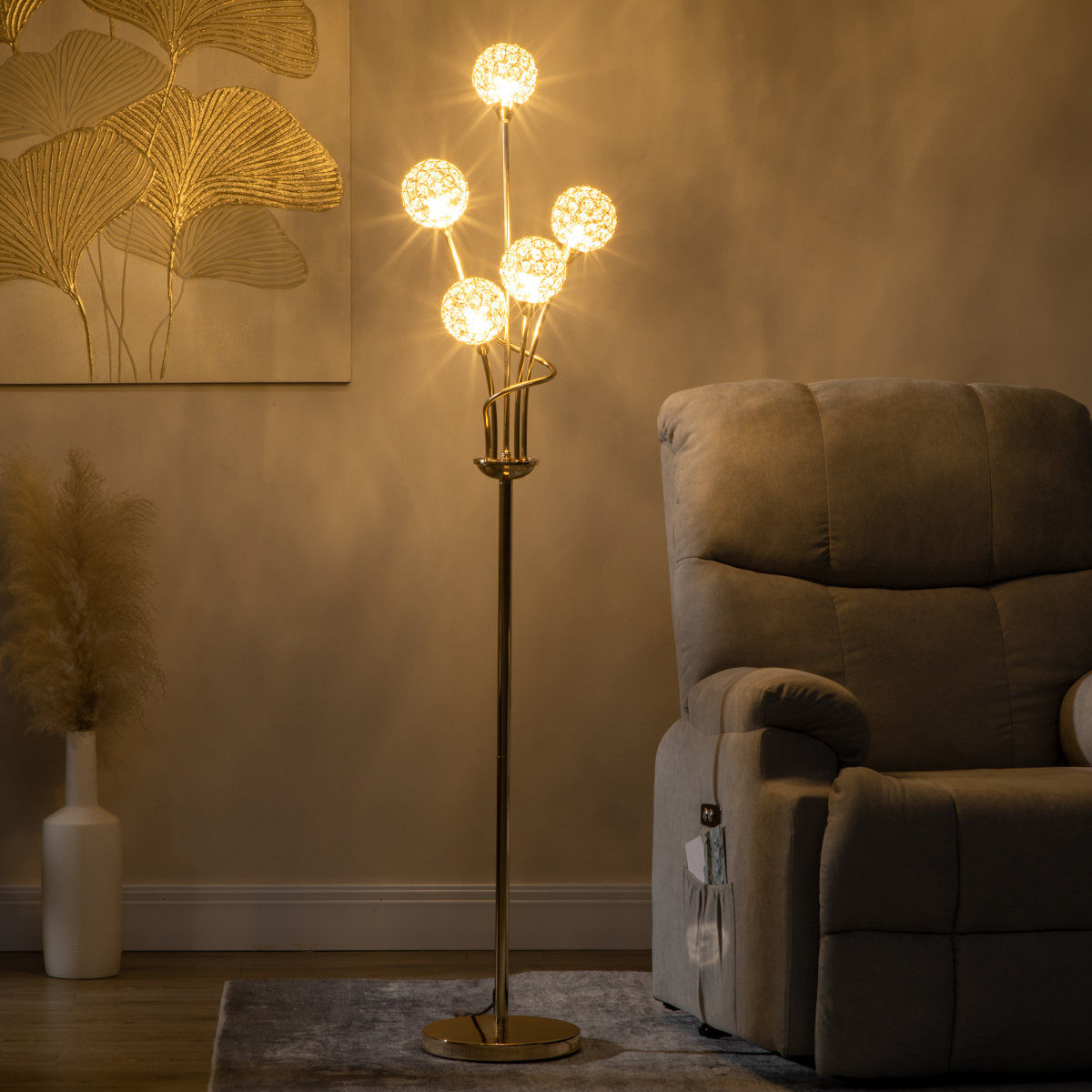 HOMCOM K9 Crystal Floor Lamp — 5 Light Upright Standing Lamp, Gold
