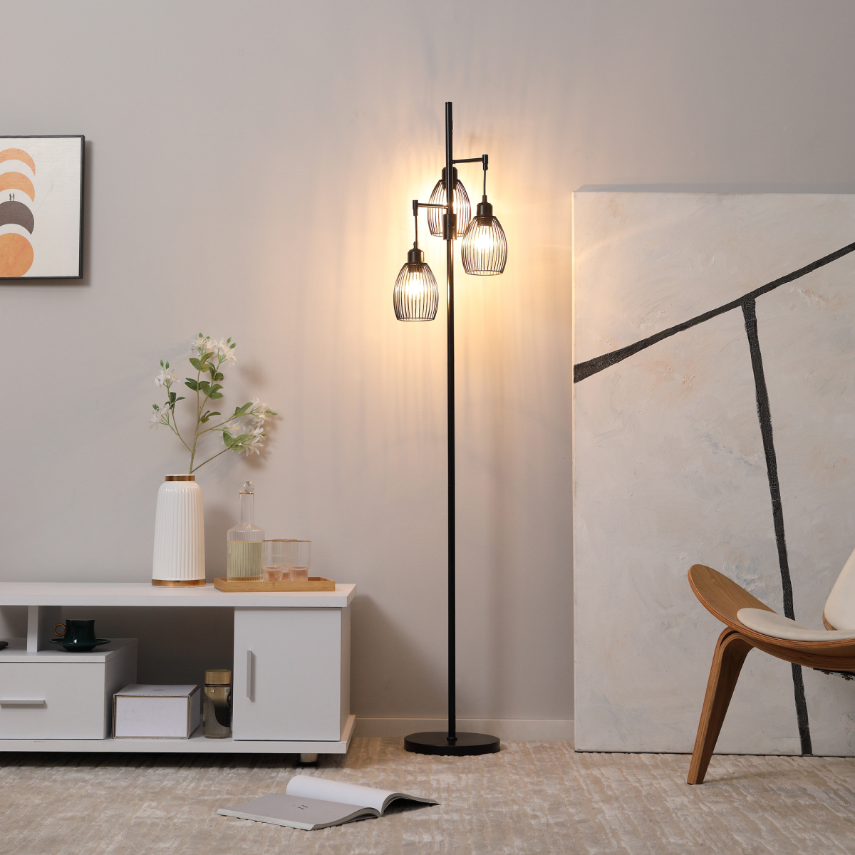 HOMCOM Industrial 3-Light Floor Lamp — 170cm, Dimmable, Black