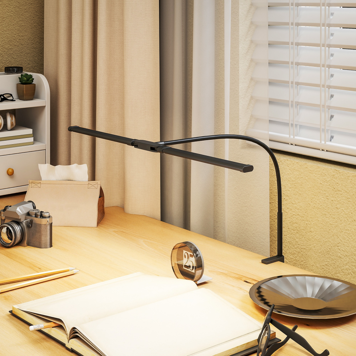 HOMCOM Double Head LED Desk Lamp — 3 Colour Modes, 10 Brightness Levels, Black