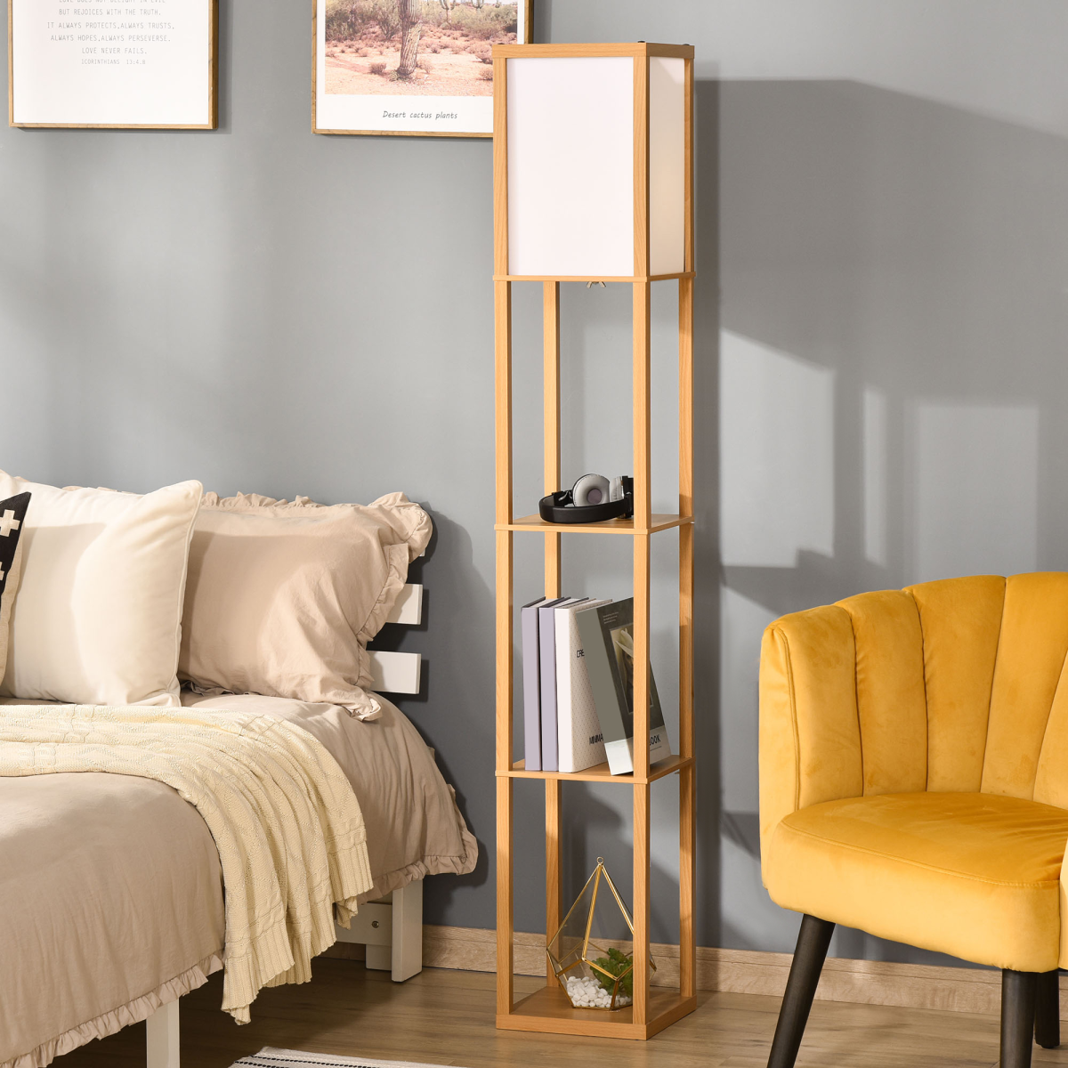 HOMCOM Floor Lamp with 4-Tier Storage Shelf — Natural Wood, Living Room Bedroom