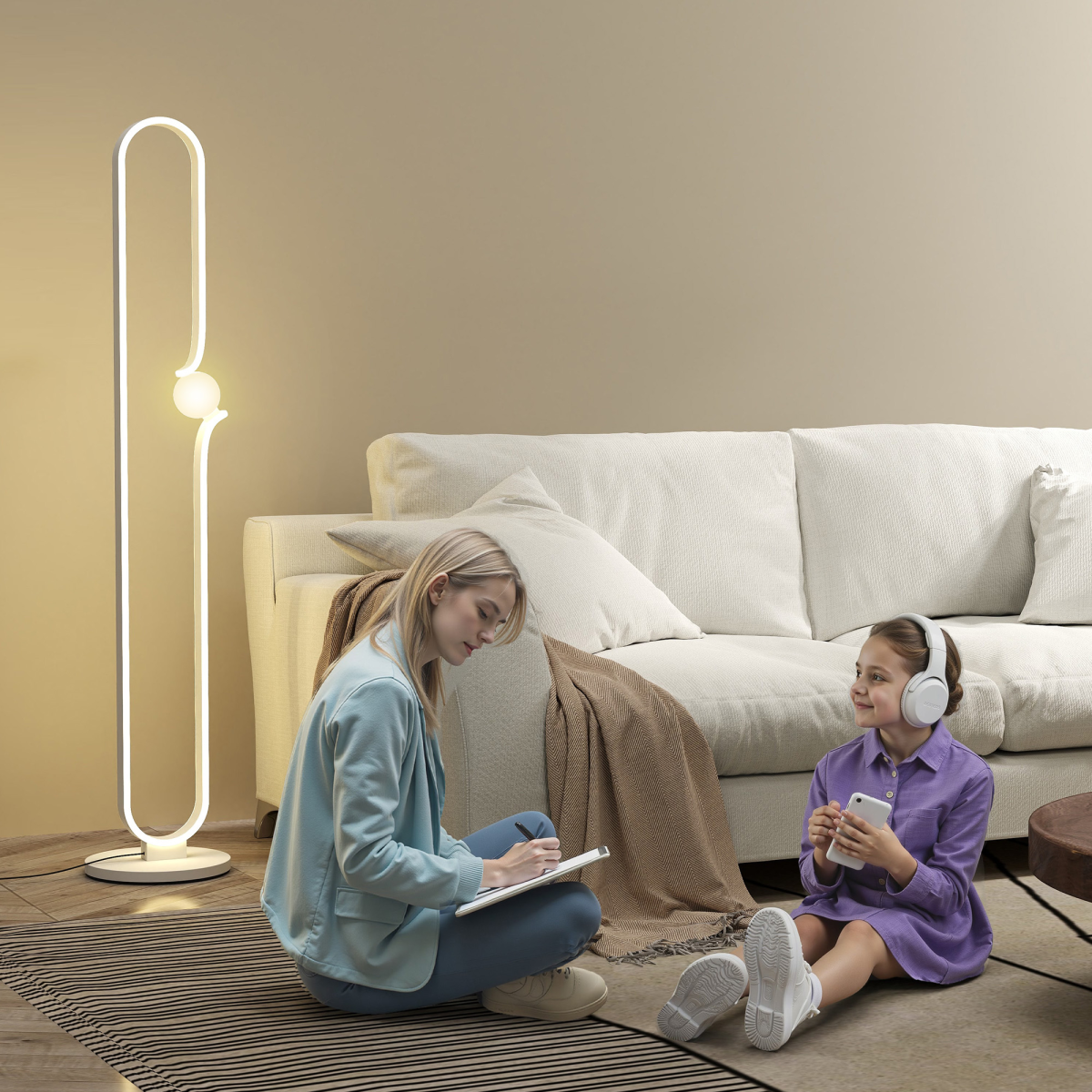 HOMCOM Dimmable LED Floor Lamp with Glass Night Light — Foot Switch, White