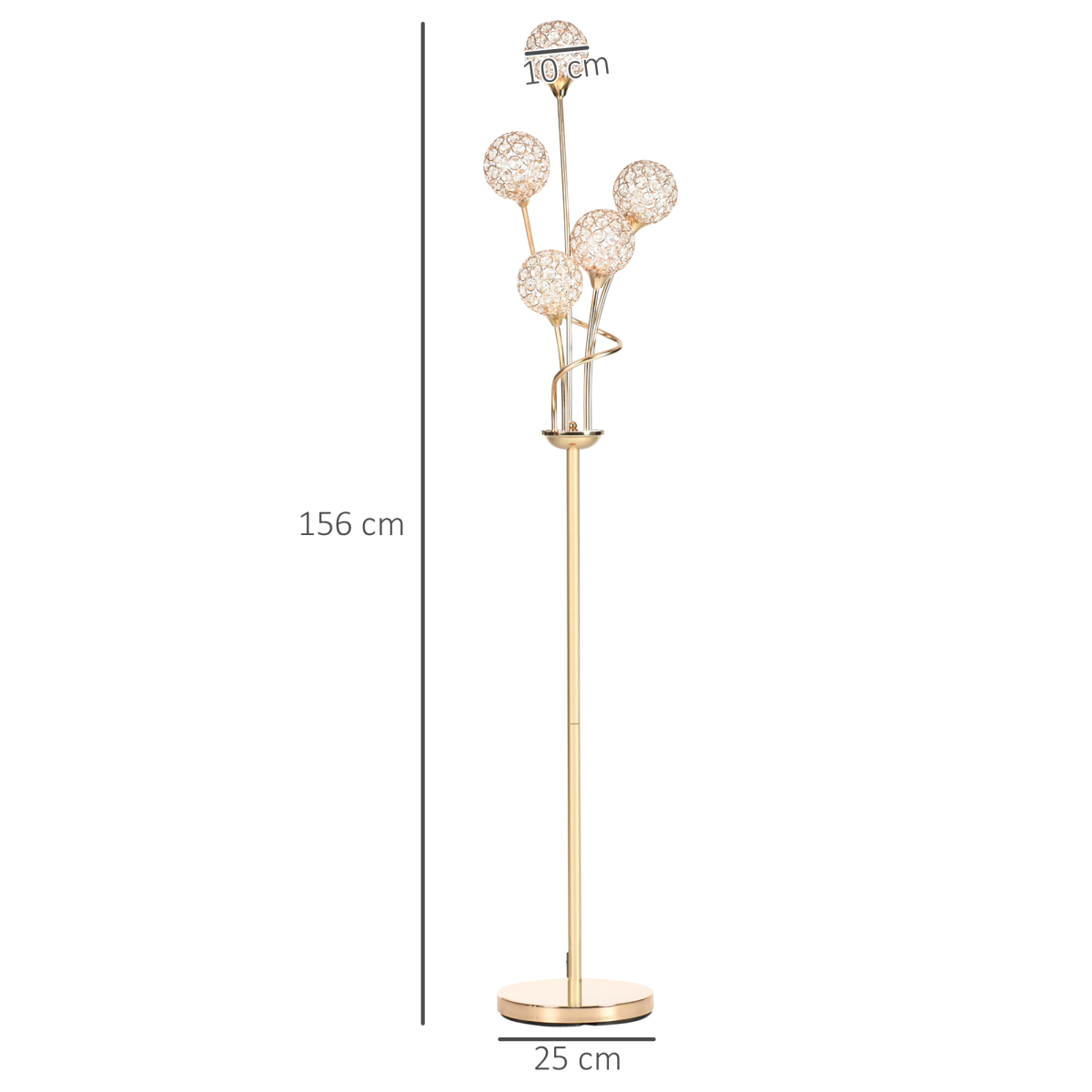 HOMCOM K9 Crystal Floor Lamp — 5 Light Upright Standing Lamp, Gold