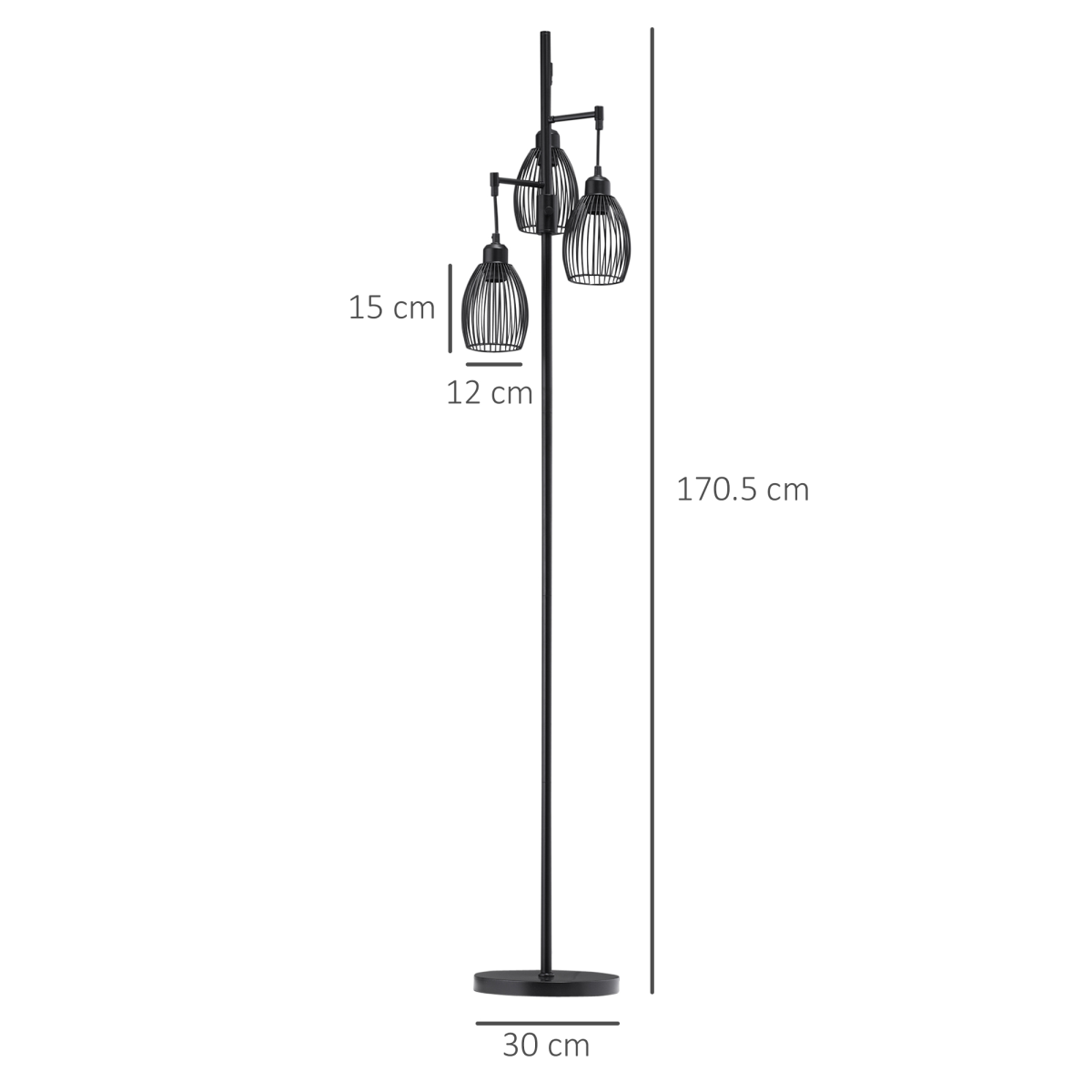 HOMCOM Industrial 3-Light Floor Lamp — 170cm, Dimmable, Black
