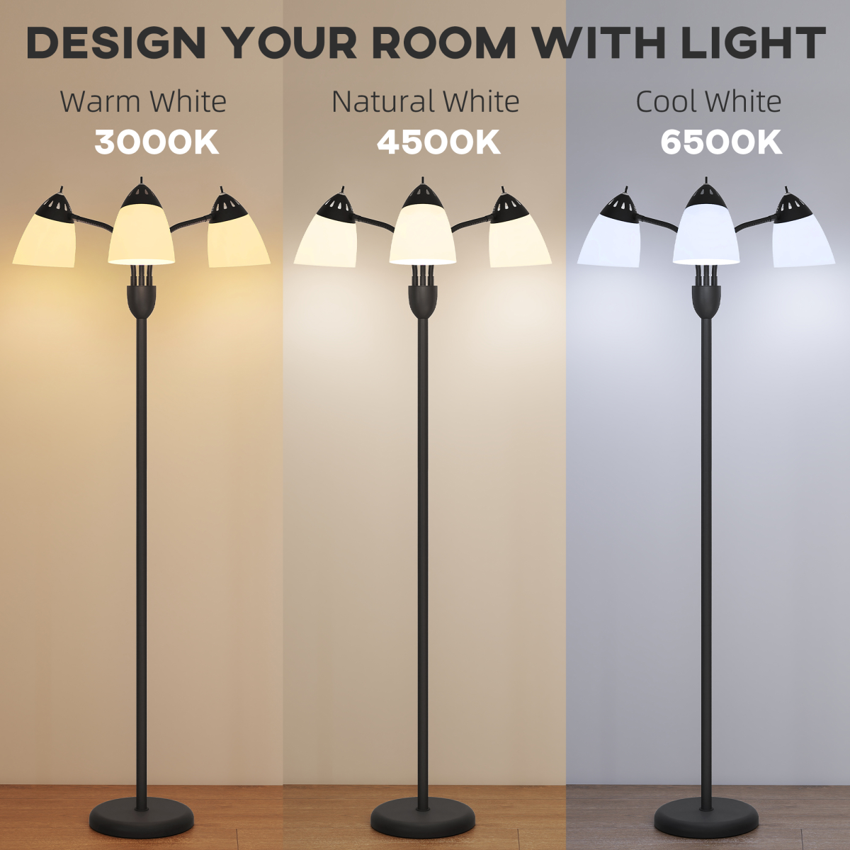 HOMCOM Arc Tree Floor Lamp — 3 Colour Temperatures, 3-Head Design, Black