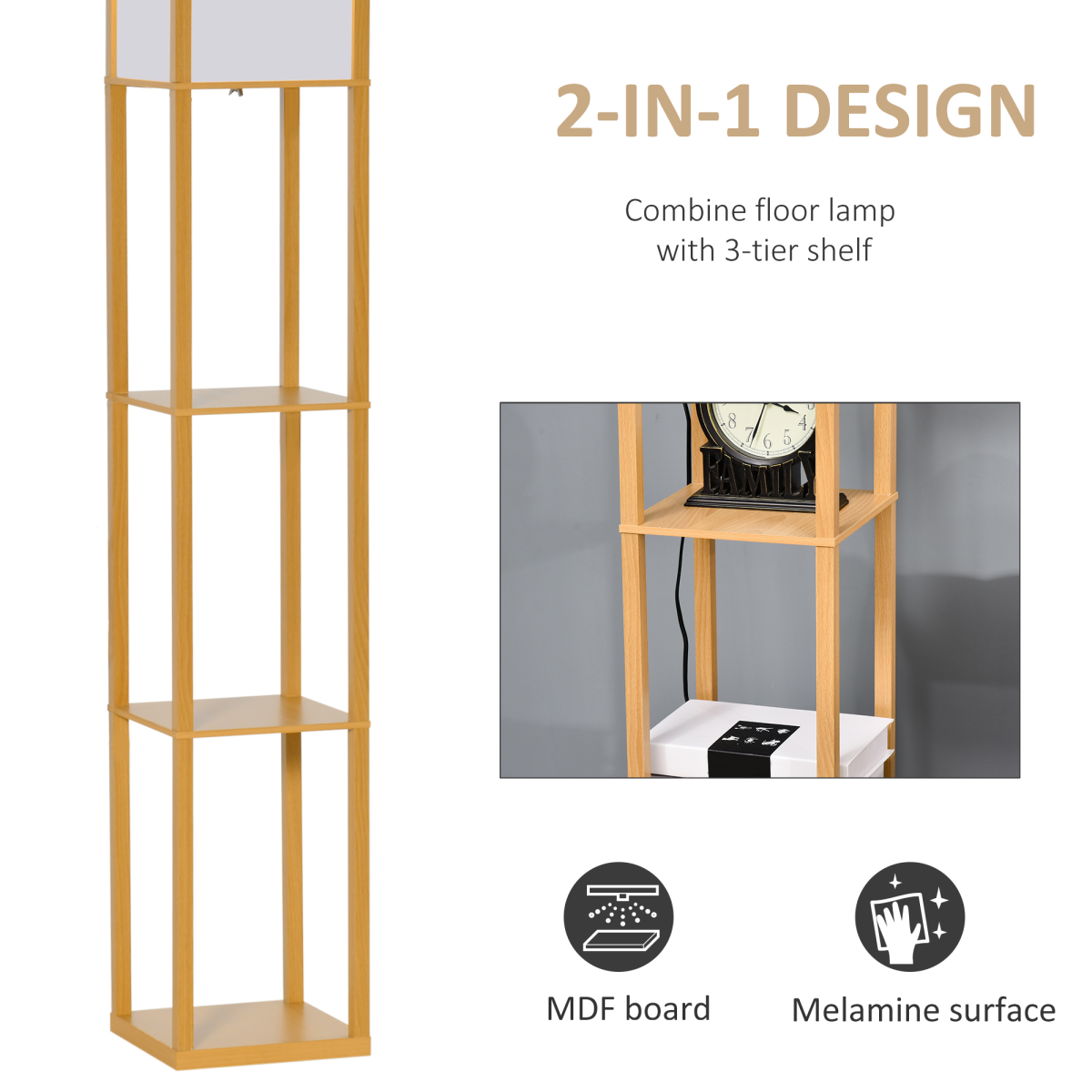 HOMCOM Floor Lamp with 4-Tier Storage Shelf — Natural Wood, Living Room Bedroom