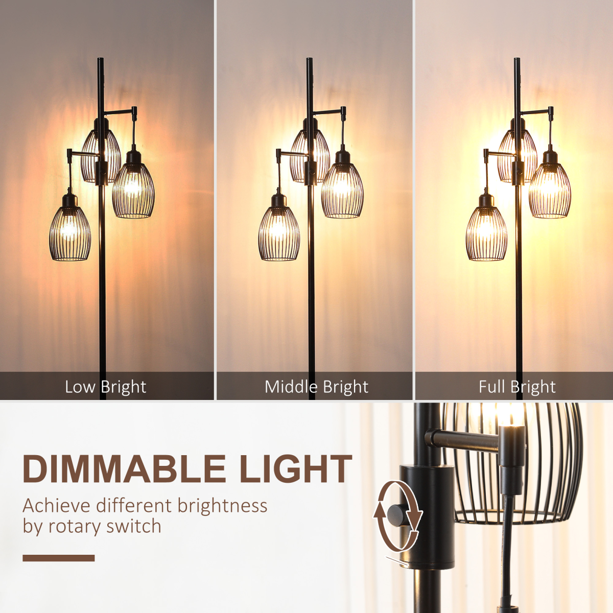 HOMCOM Industrial 3-Light Floor Lamp — 170cm, Dimmable, Black
