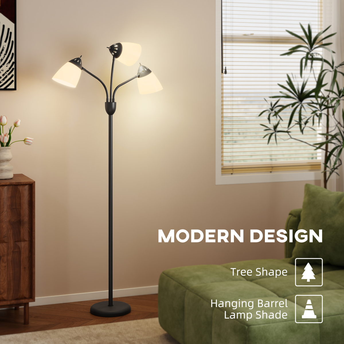 HOMCOM Arc Tree Floor Lamp — 3 Colour Temperatures, 3-Head Design, Black
