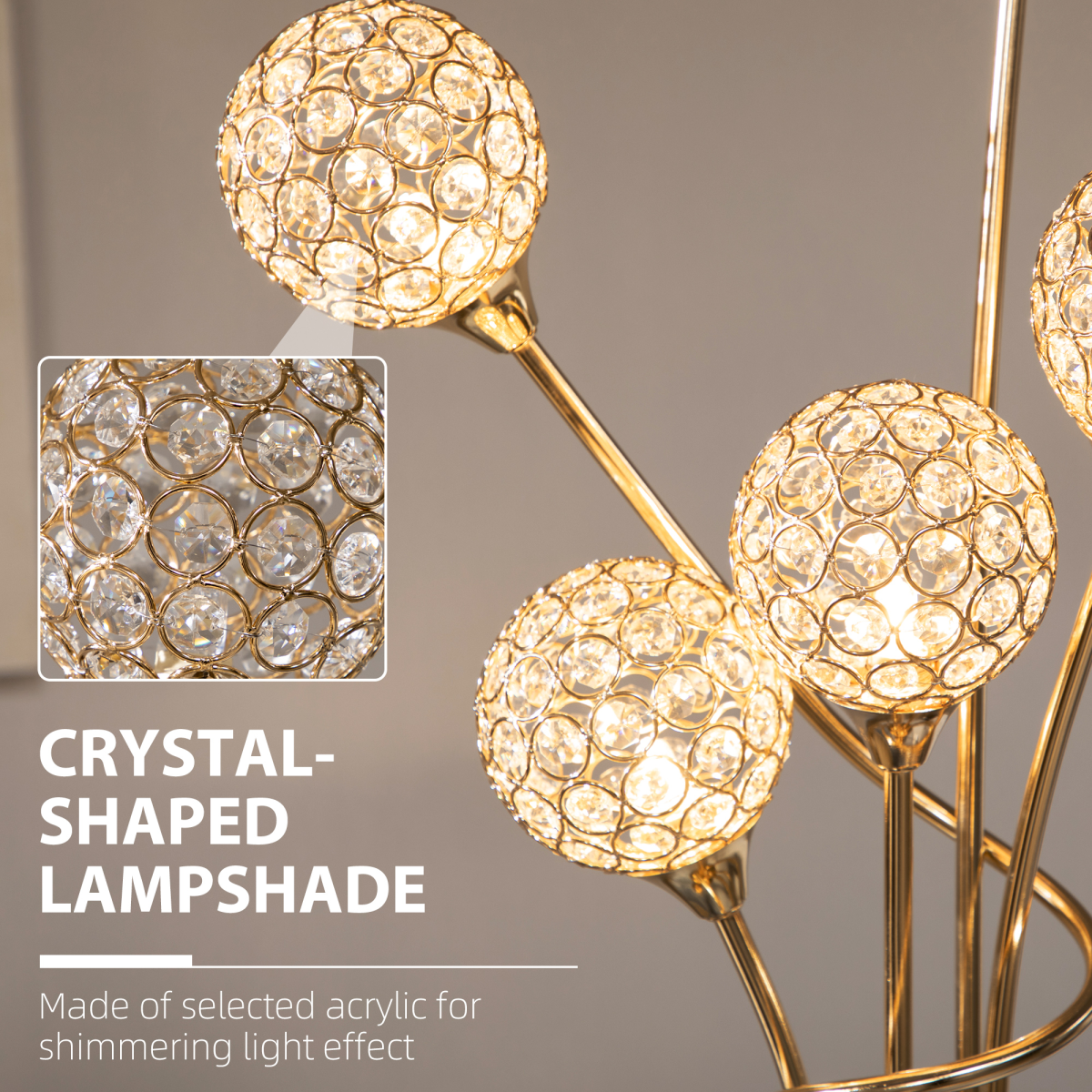 HOMCOM K9 Crystal Floor Lamp — 5 Light Upright Standing Lamp, Gold