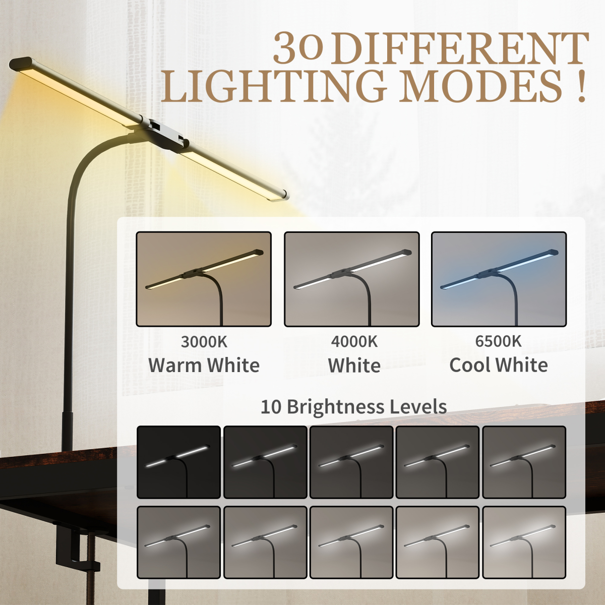 HOMCOM Double Head LED Desk Lamp — 3 Colour Modes, 10 Brightness Levels, Black
