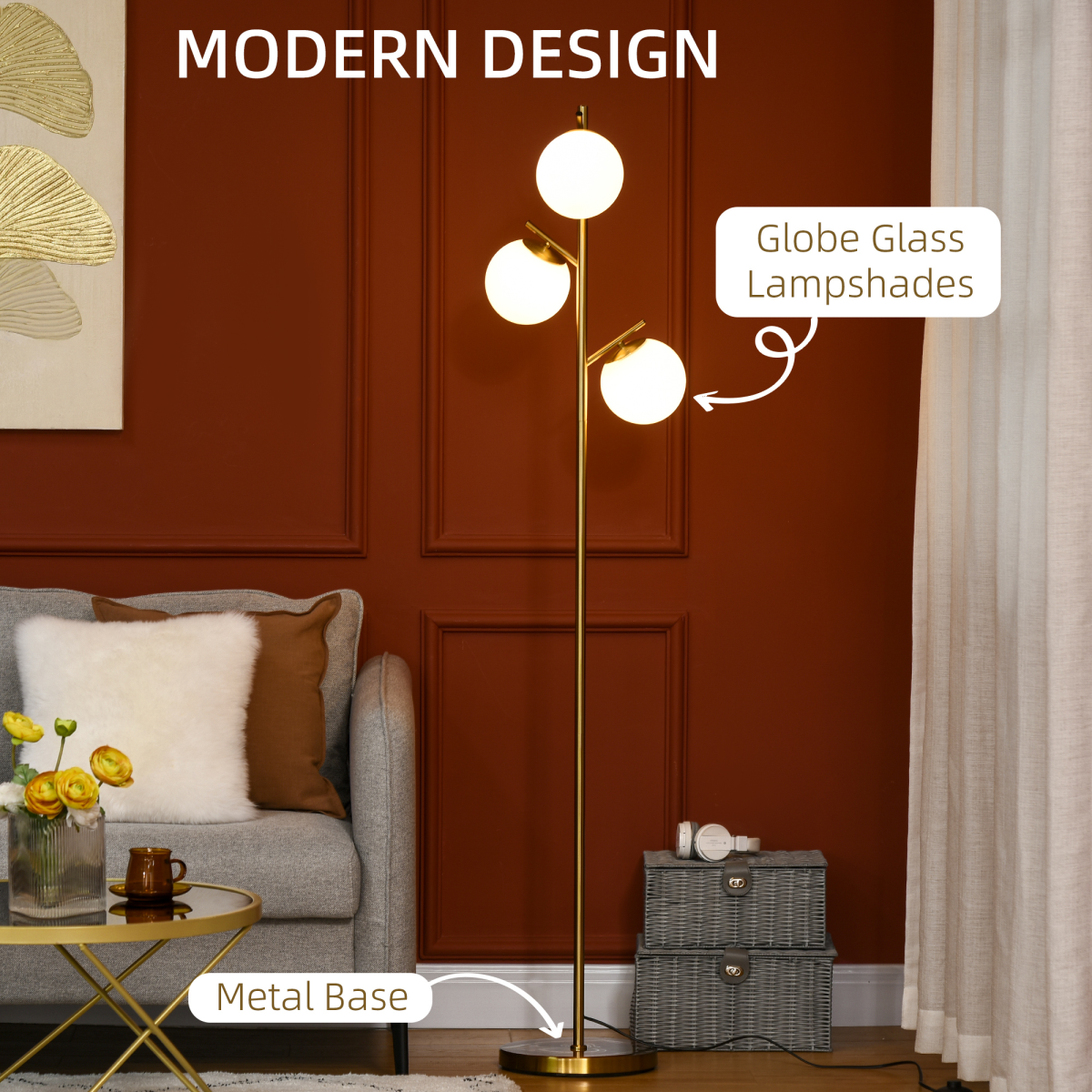Modern Floor Lamp for Living Room Bedroom — 3 Light Tree Standing Lamp, Gold