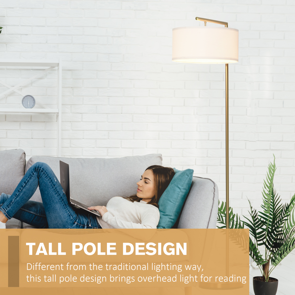 HOMCOM Floor Lamp with Linen Lampshade Round Base — Living Room Bedroom, Gold