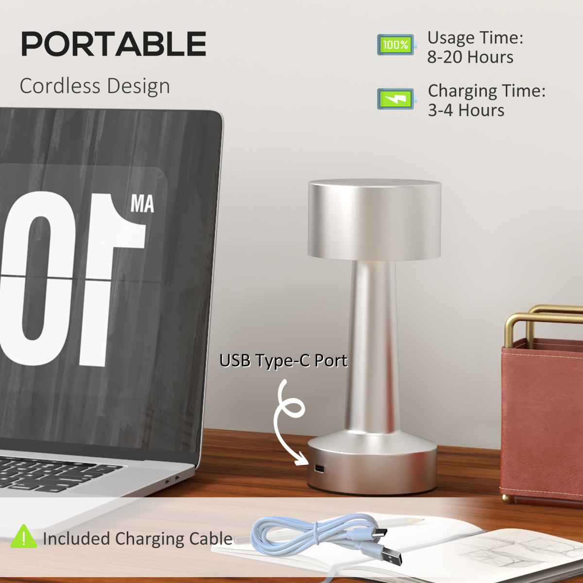 HOMCOM LED Cordless Table Lamp with Battery — Bedroom, Silver