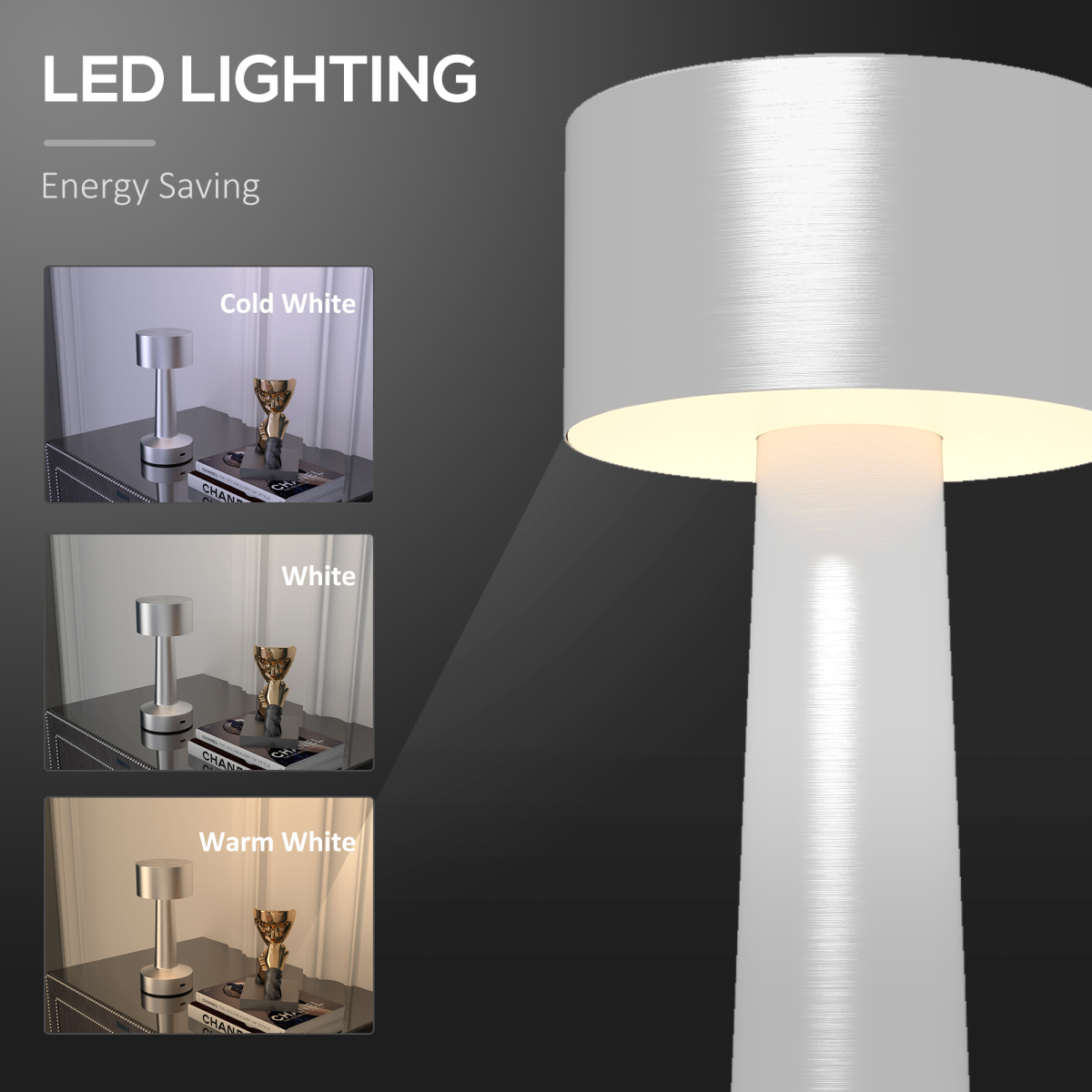 HOMCOM LED Cordless Table Lamp with Battery — Bedroom, Silver