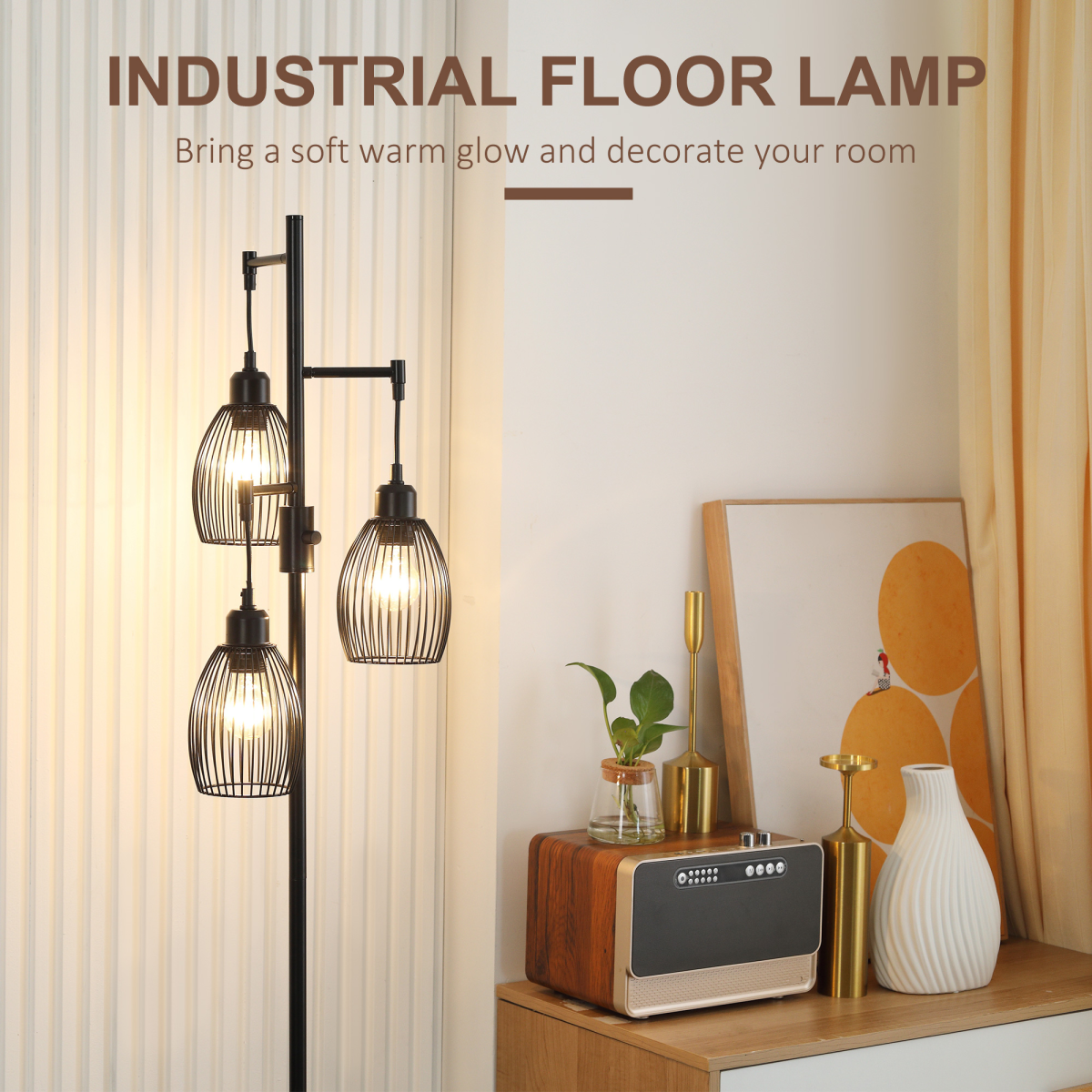 HOMCOM Industrial 3-Light Floor Lamp — 170cm, Dimmable, Black