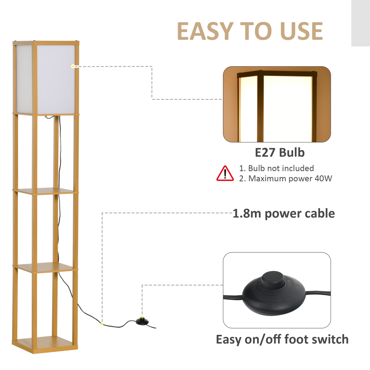 HOMCOM Floor Lamp with 4-Tier Storage Shelf — Natural Wood, Living Room Bedroom