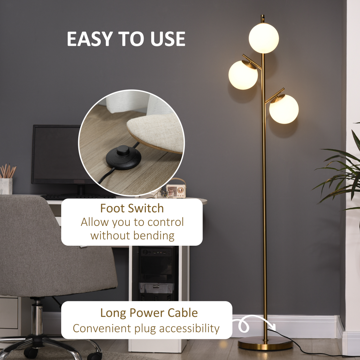 Modern Floor Lamp for Living Room Bedroom — 3 Light Tree Standing Lamp, Gold