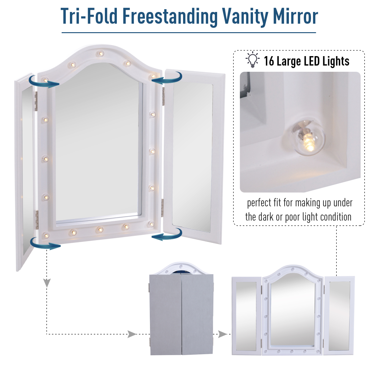 HOMCOM Lighted Tri-Fold Vanity Mirror — Hollywood LED Bulbs, Large Cosmetic Mirror, White