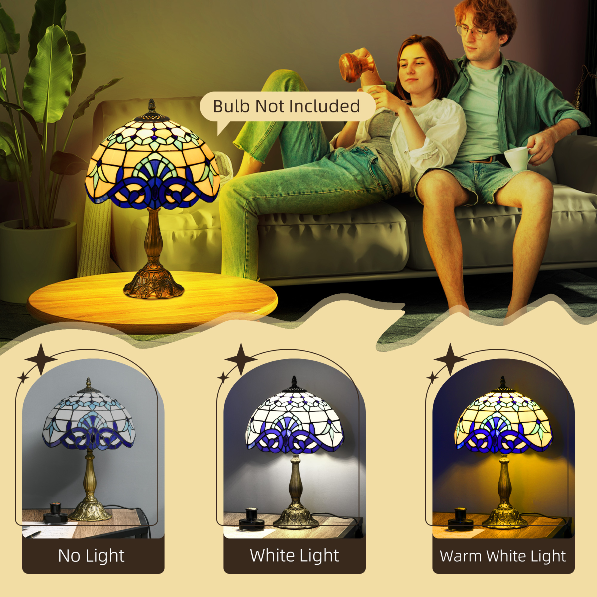 HOMCOM Tiffany-Style Stained Glass Table Lamp — Bedside Lamp, Vintage Design