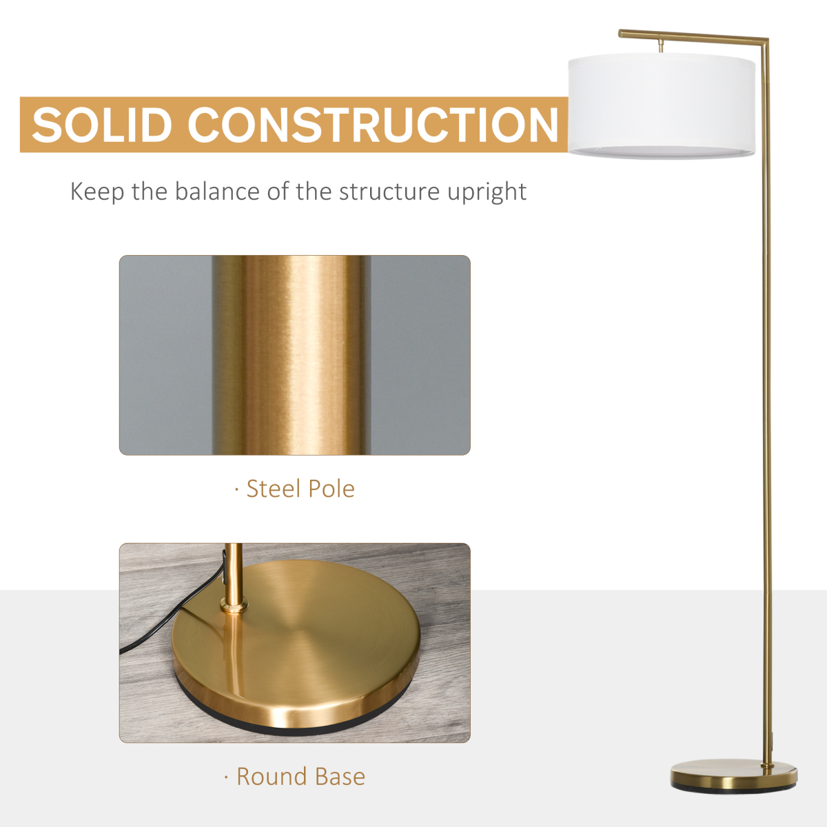 HOMCOM Floor Lamp with Linen Lampshade Round Base — Living Room Bedroom, Gold