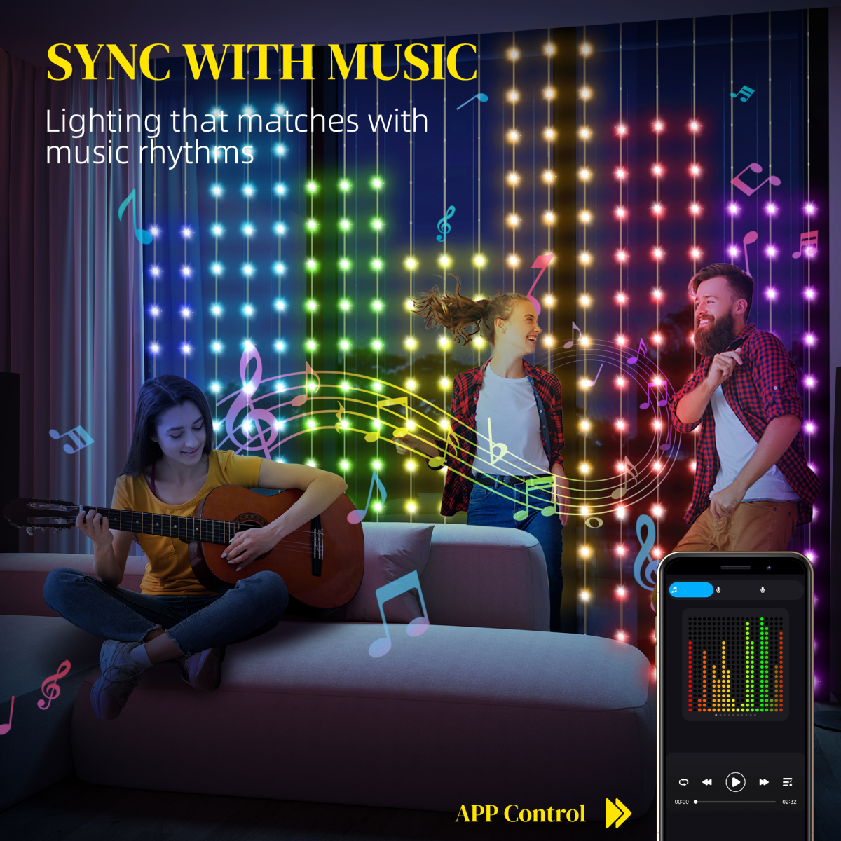Smart LED Curtain Lights 3x3m — Dynamic DIY Fairy Lights, App & Remote Control