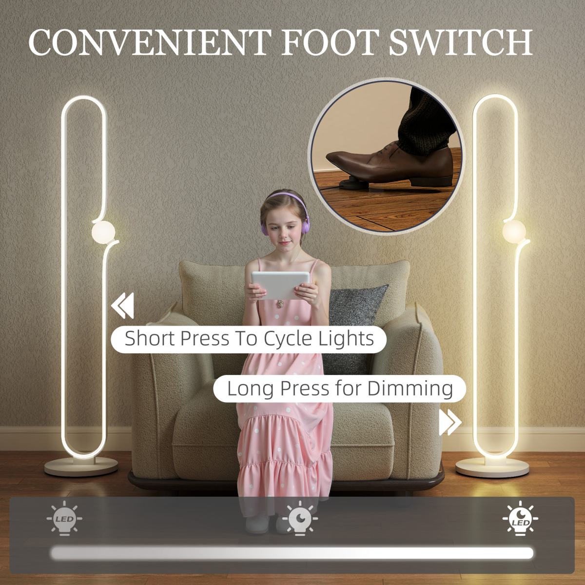 HOMCOM Dimmable LED Floor Lamp with Glass Night Light — Foot Switch, White