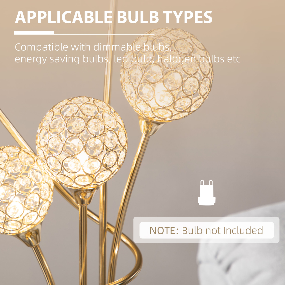 HOMCOM K9 Crystal Floor Lamp — 5 Light Upright Standing Lamp, Gold