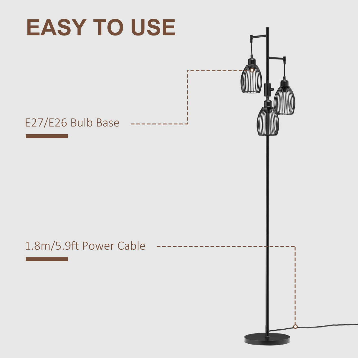 HOMCOM Industrial 3-Light Floor Lamp — 170cm, Dimmable, Black