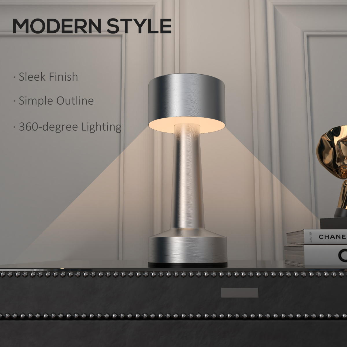 HOMCOM LED Cordless Table Lamp with Battery — Bedroom, Silver