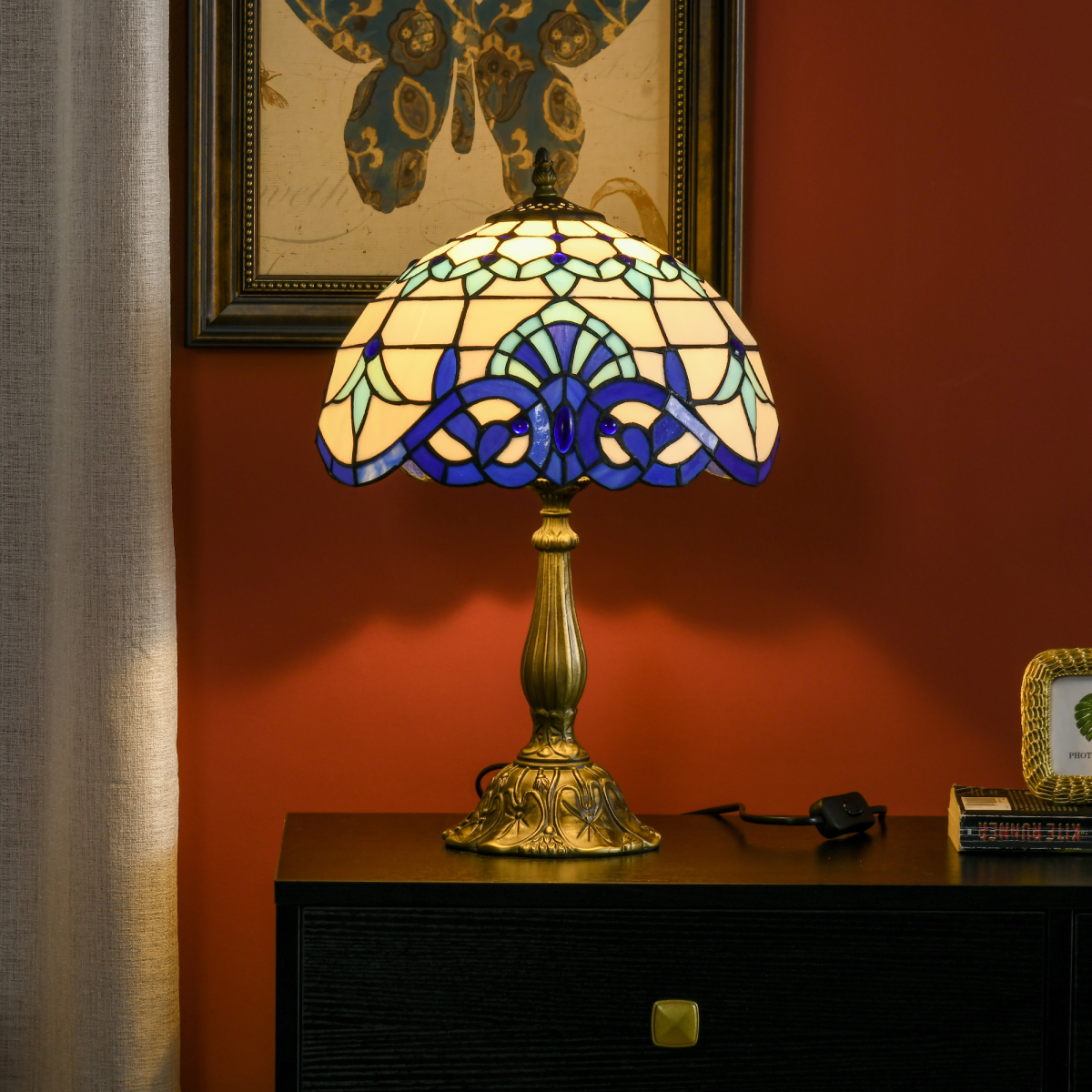 HOMCOM Tiffany-Style Stained Glass Table Lamp — Bedside Lamp, Vintage Design