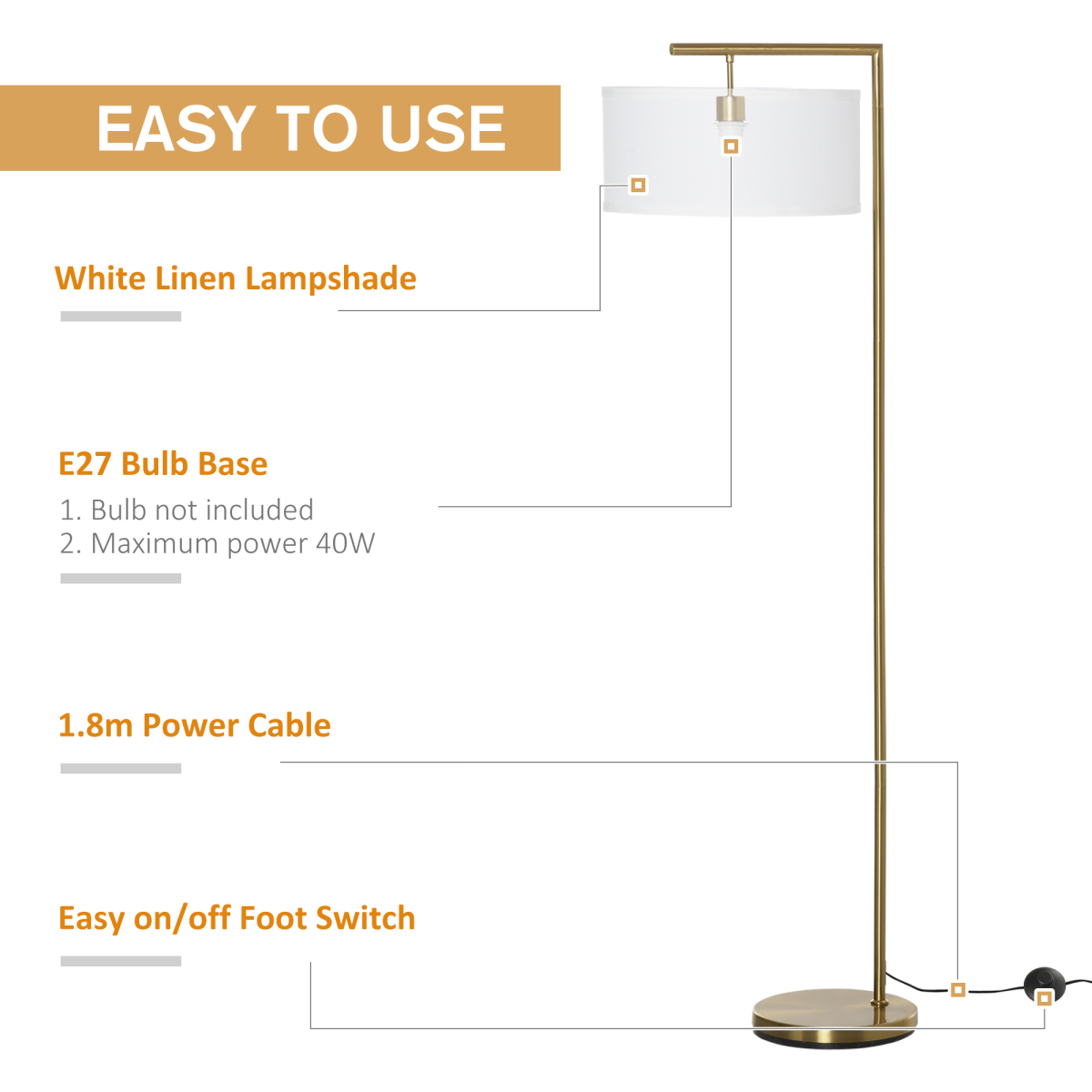 HOMCOM Floor Lamp with Linen Lampshade Round Base — Living Room Bedroom, Gold