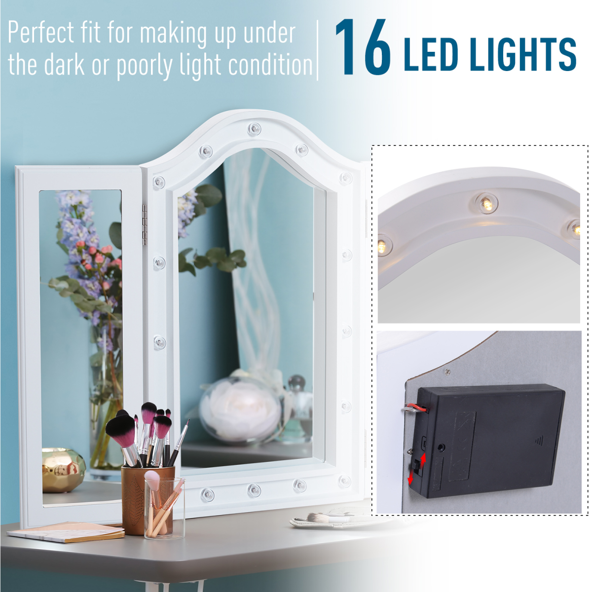 HOMCOM Lighted Tri-Fold Vanity Mirror — Hollywood LED Bulbs, Large Cosmetic Mirror, White