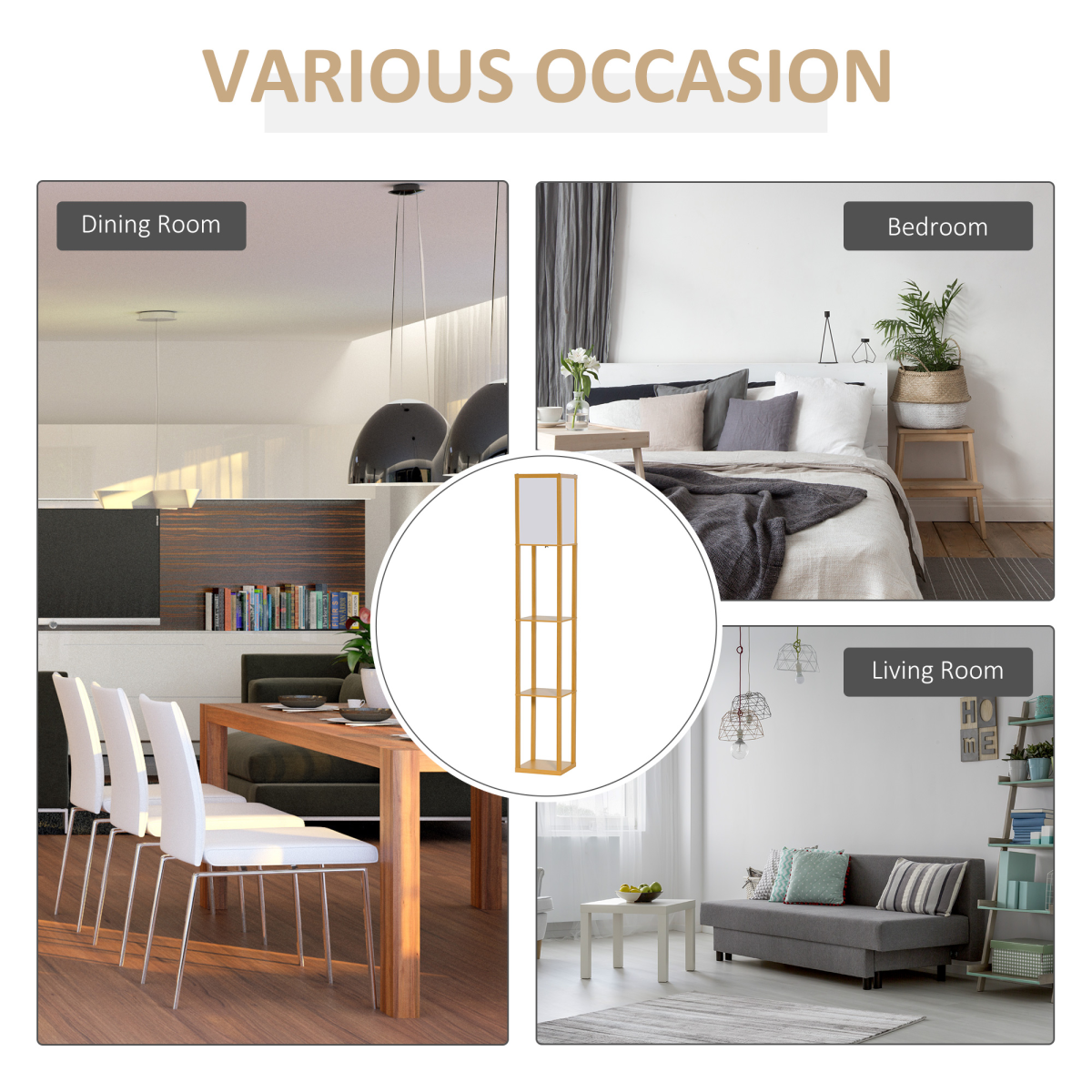 HOMCOM Floor Lamp with 4-Tier Storage Shelf — Natural Wood, Living Room Bedroom