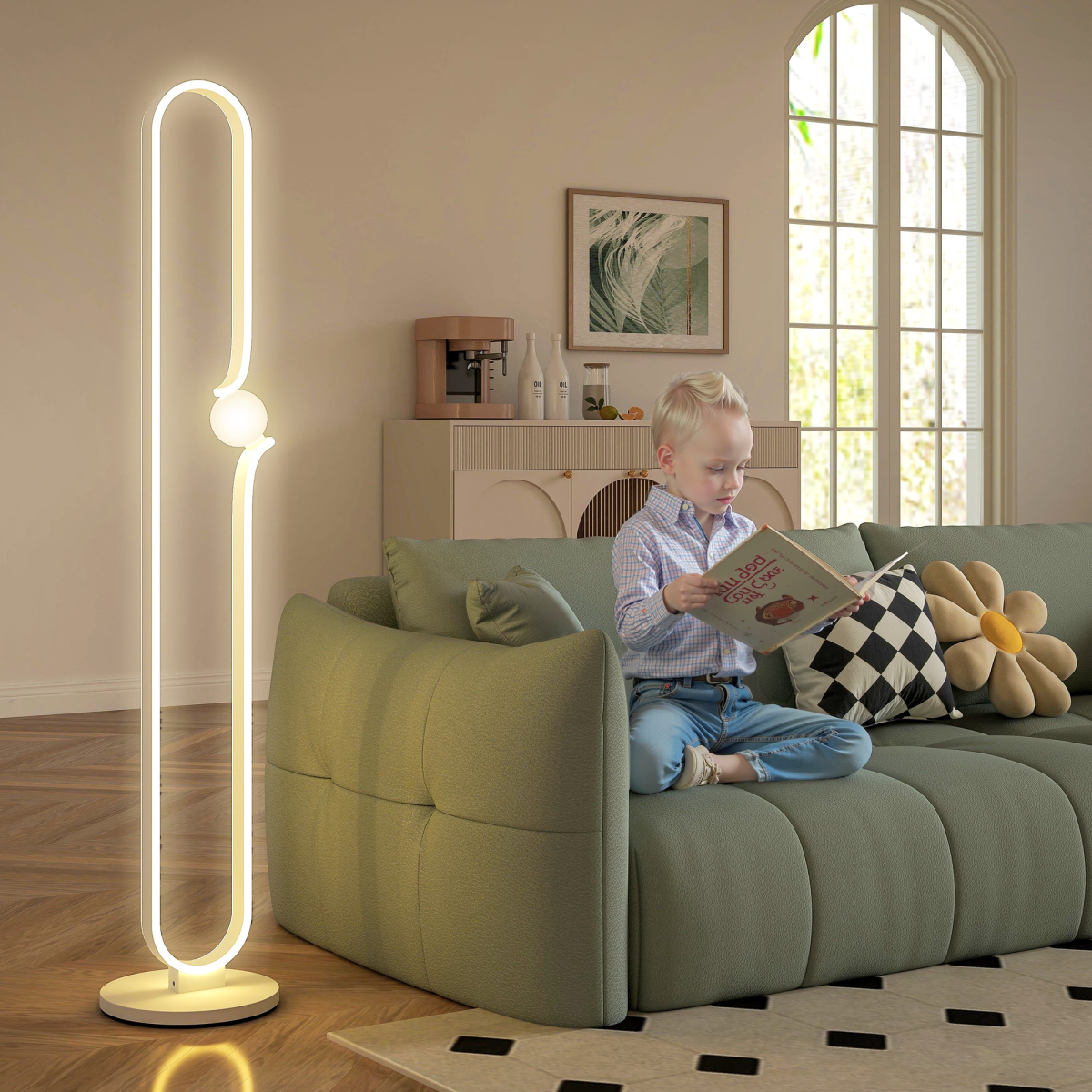 HOMCOM Dimmable LED Floor Lamp with Glass Night Light — Foot Switch, White