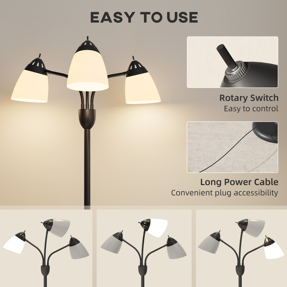 HOMCOM Arc Tree Floor Lamp — 3 Colour Temperatures, 3-Head Design, Black