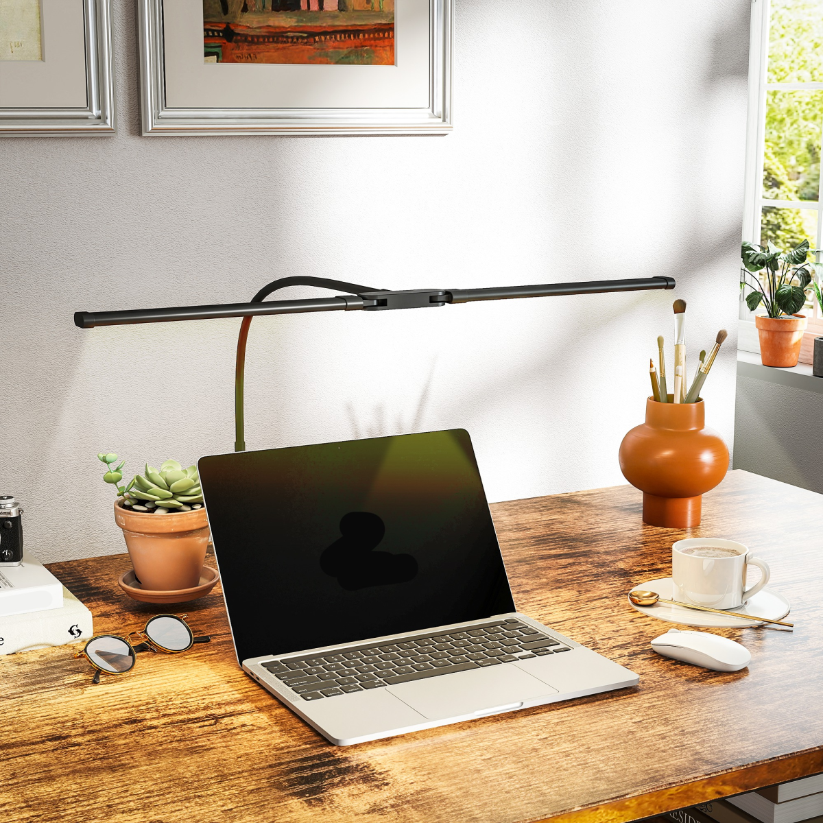 HOMCOM Double Head LED Desk Lamp — 3 Colour Modes, 10 Brightness Levels, Black