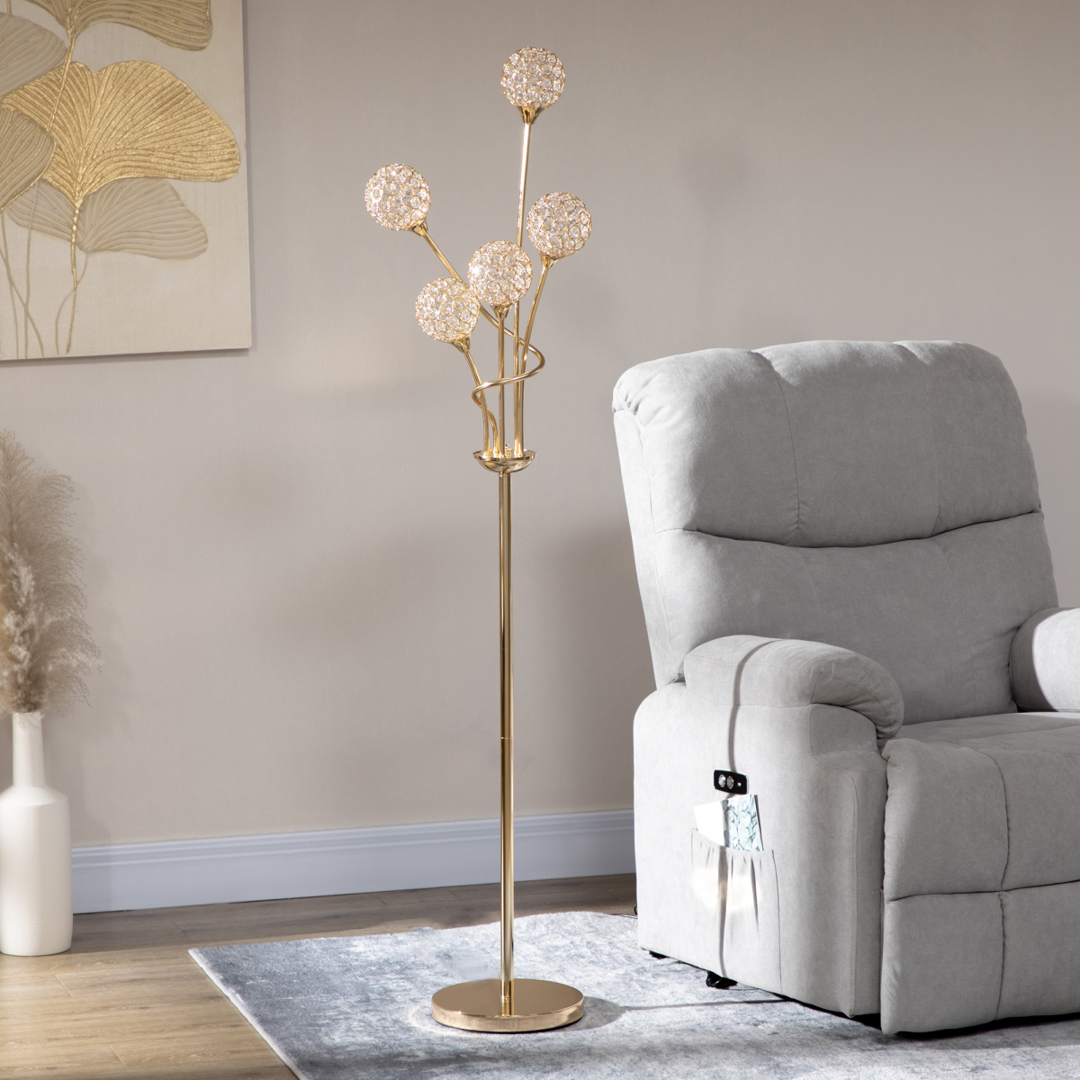 HOMCOM K9 Crystal Floor Lamp — 5 Light Upright Standing Lamp, Gold