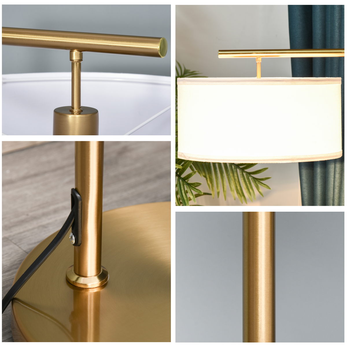 HOMCOM Floor Lamp with Linen Lampshade Round Base — Living Room Bedroom, Gold