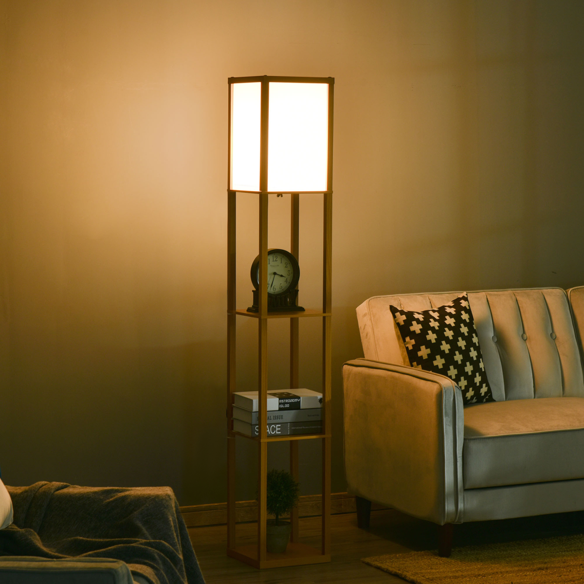HOMCOM Floor Lamp with 4-Tier Storage Shelf — Natural Wood, Living Room Bedroom
