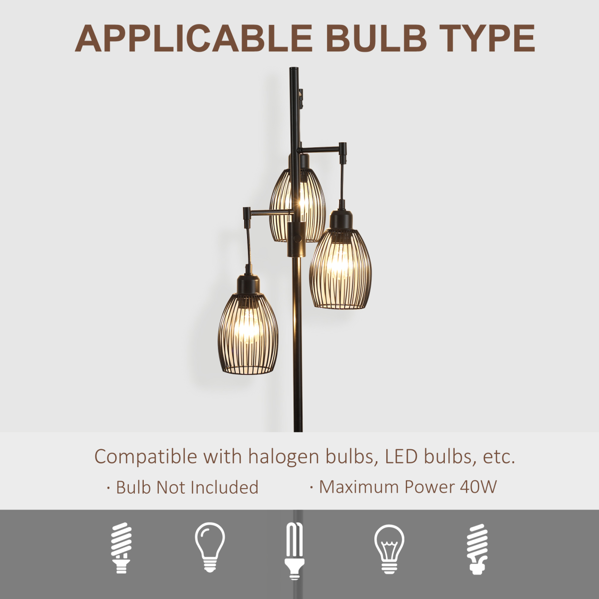 HOMCOM Industrial 3-Light Floor Lamp — 170cm, Dimmable, Black