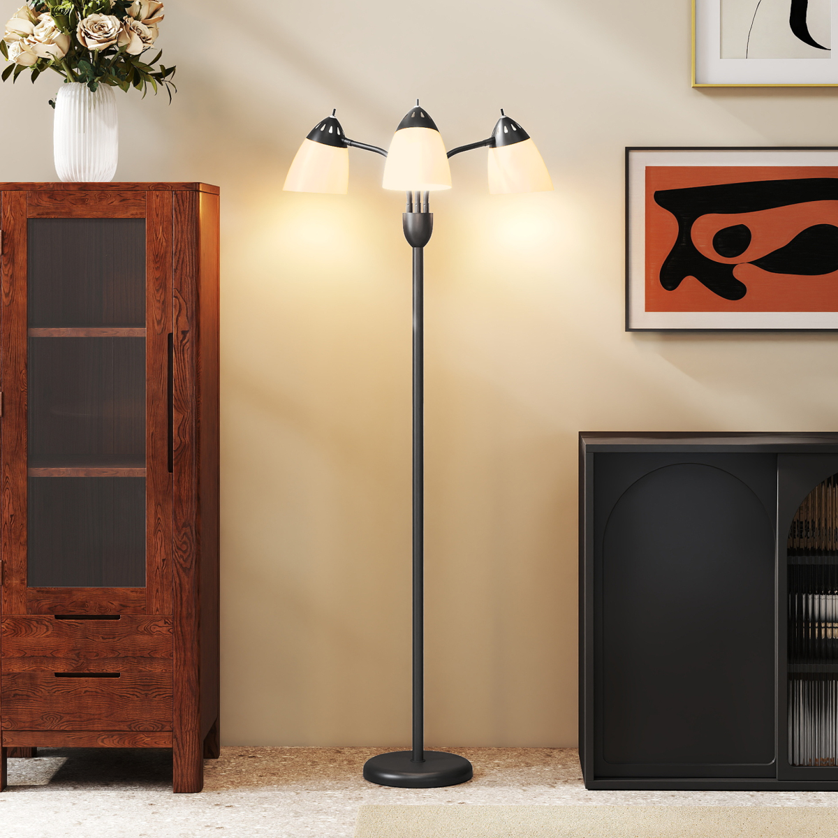 HOMCOM Arc Tree Floor Lamp — 3 Colour Temperatures, 3-Head Design, Black