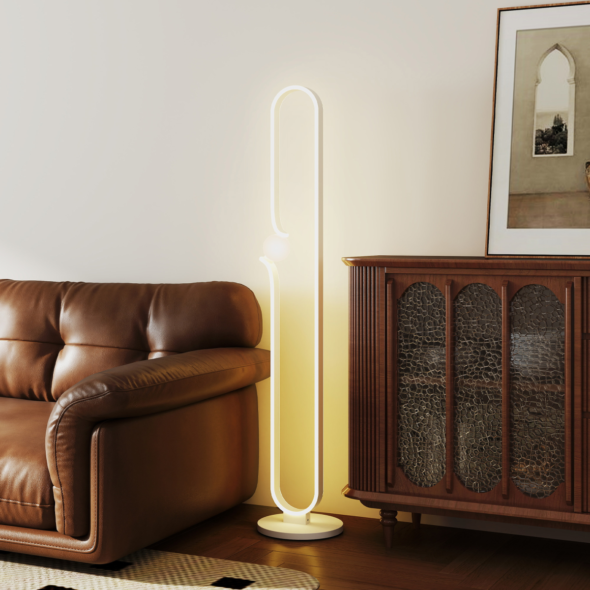 HOMCOM Dimmable LED Floor Lamp with Glass Night Light — Foot Switch, White