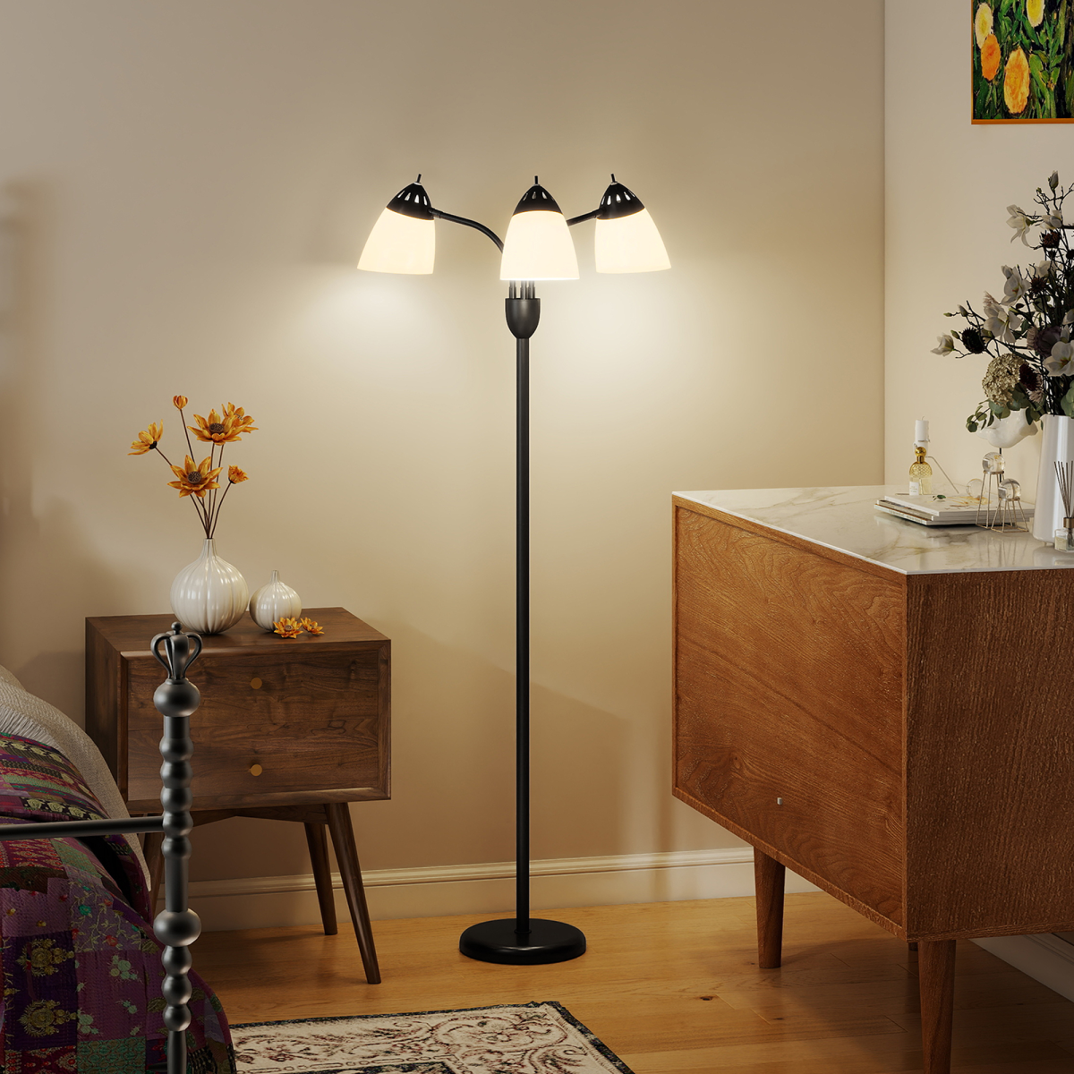 HOMCOM Arc Tree Floor Lamp — 3 Colour Temperatures, 3-Head Design, Black