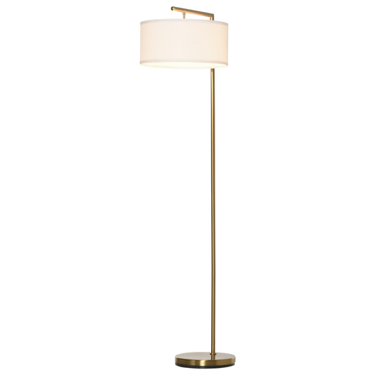HOMCOM Floor Lamp with Linen Lampshade Round Base — Living Room Bedroom, Gold