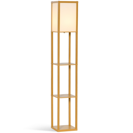 HOMCOM Floor Lamp with 4-Tier Storage Shelf — Natural Wood, Living Room Bedroom