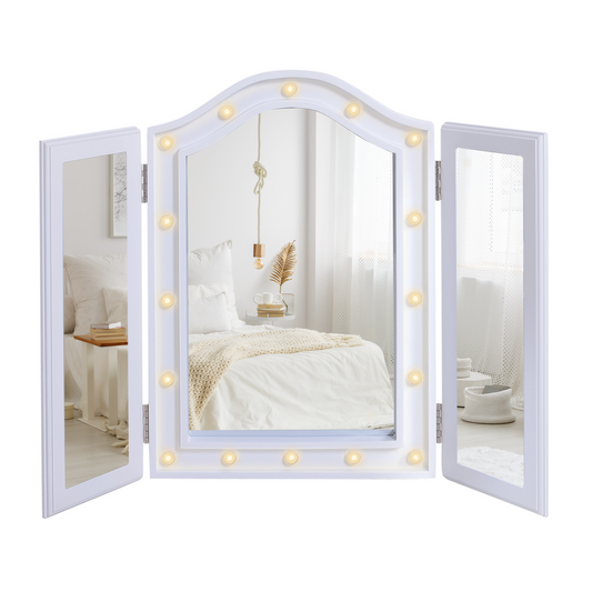 HOMCOM Lighted Tri-Fold Vanity Mirror — Hollywood LED Bulbs, Large Cosmetic Mirror, White